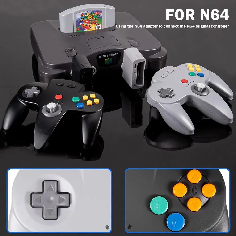 2-Pack Wireless N64 Controllers, 2.4GHz Compatible Gamepads for PC, Raspberry Pi, iOS, N64 Systems - Gray