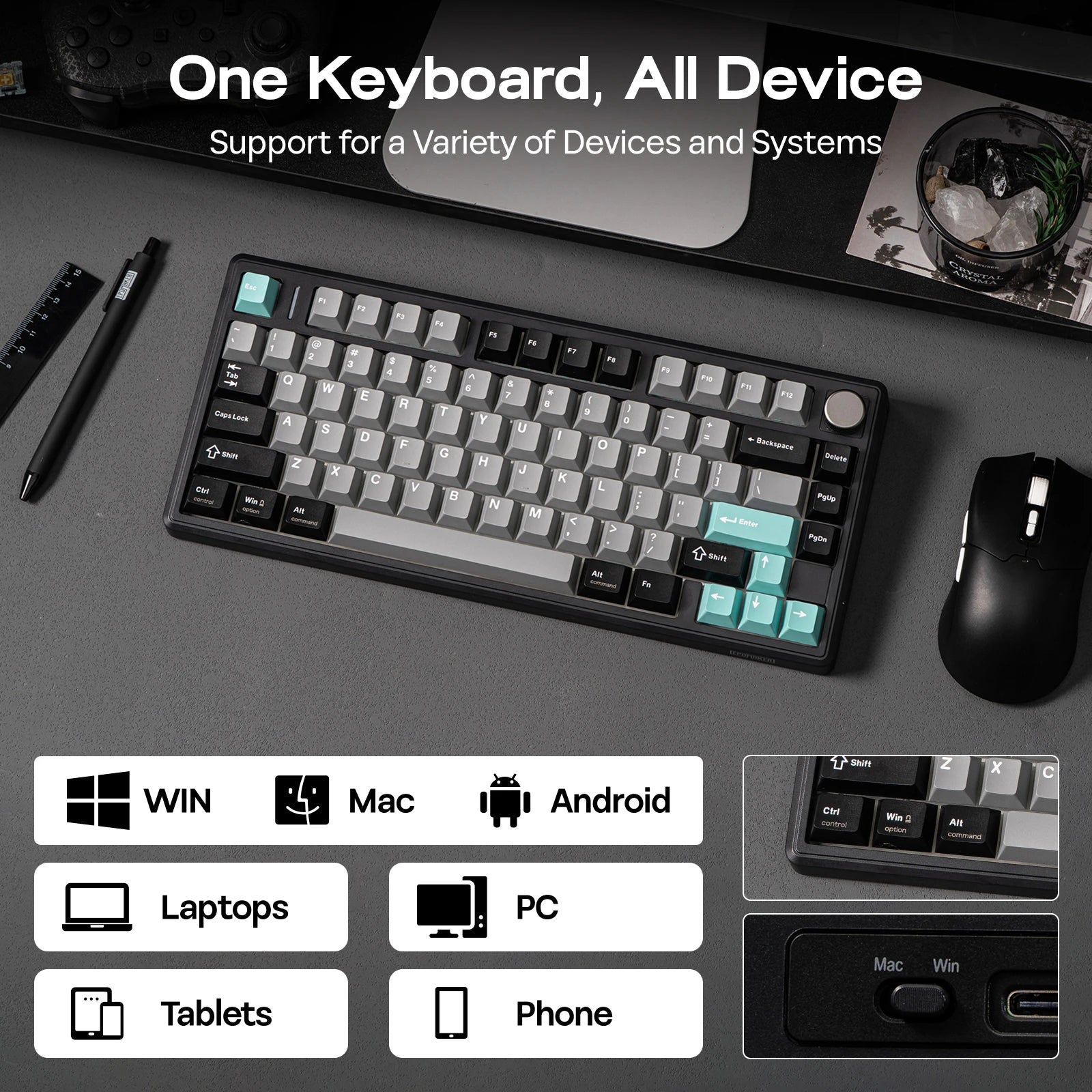 EPOMAKER TH80 V2 75% ANSI US Layout Wired/Bluetooth/2.4Ghz Wireless Mechanical Gaming Keyboard with Programmable Keys & Knob