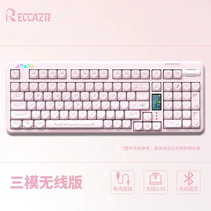 For R102 Pink Mechanical Keyboard  Custom Wireless Hotswap Tri Mode 98/102 Love Keycap Cute Bluetooth 2.4g girl Gaming Keyboard