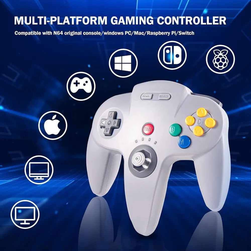 2-Pack Wireless N64 Controllers, 2.4GHz Compatible Gamepads for PC, Raspberry Pi, iOS, N64 Systems - Gray
