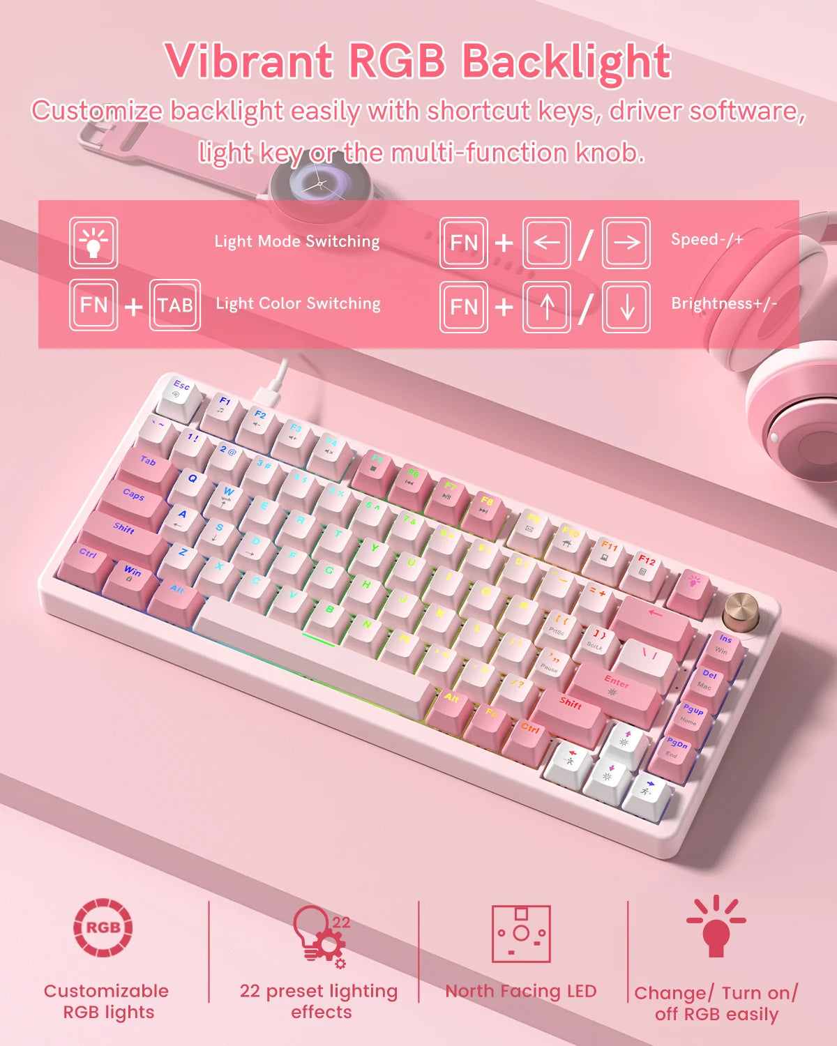 Womier VK75 Pink 75% Wired Gaming Mechanical Keyboard with Knob RGB Backlit Gasket Mount Hot Swappable Linear Switch For PC