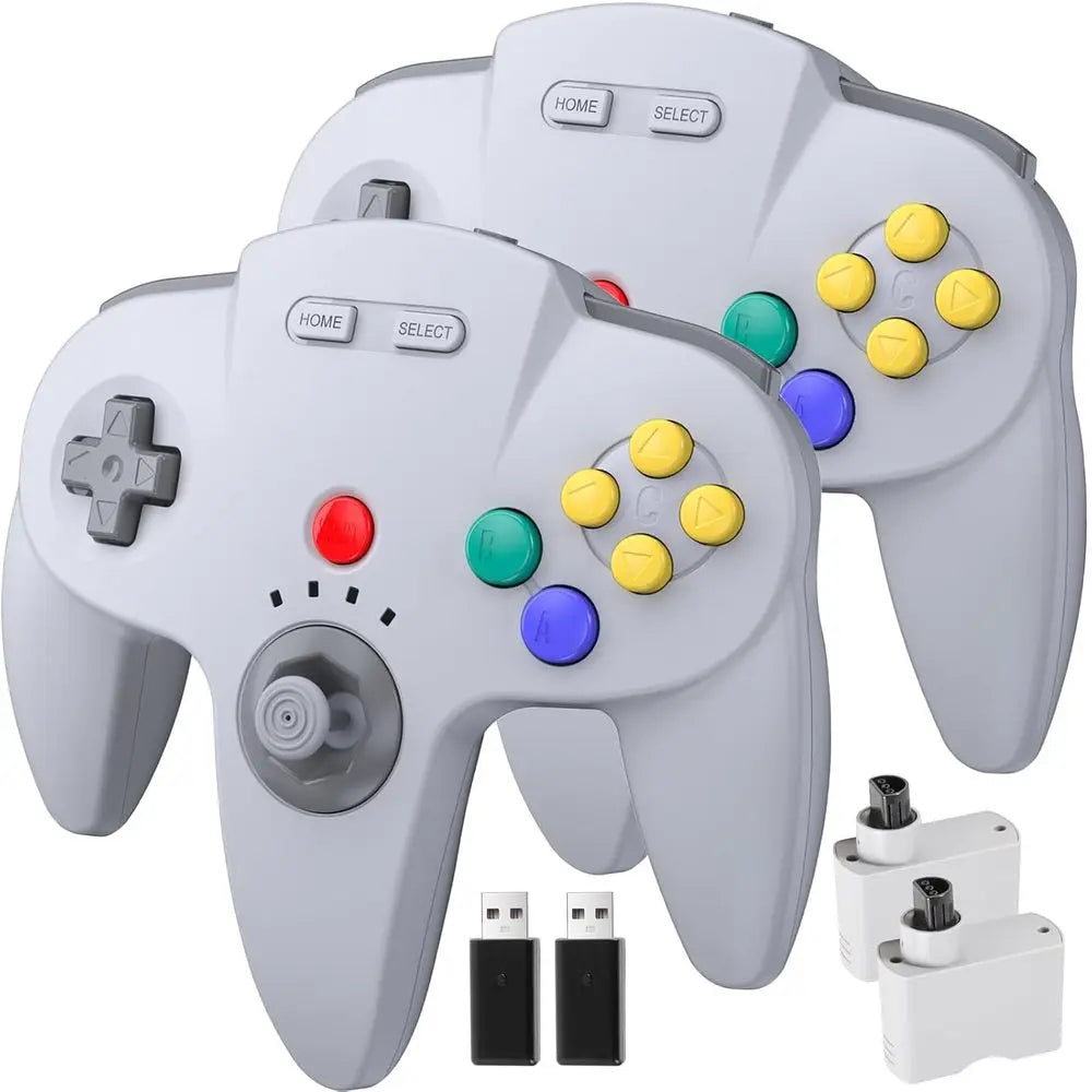 2-Pack Wireless N64 Controllers, 2.4GHz Compatible Gamepads for PC, Raspberry Pi, iOS, N64 Systems - Gray
