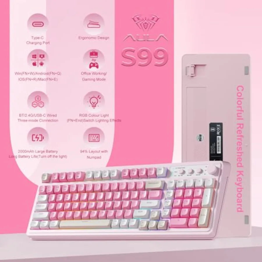 99 Key Keyboard, Wireless Gaming Keyboard Bluetooth Computer Keyboards Creamy Cute with Number Pad RGB Backlit Tri-Mode BT/2.4G